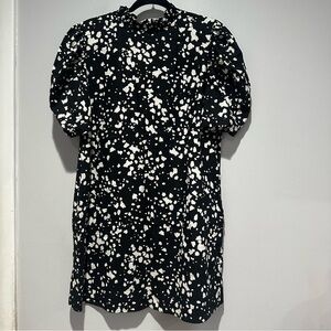 Who What Wear Black White Puff Sleeve Linen Blend Ruffle Neck Dress Size Medium